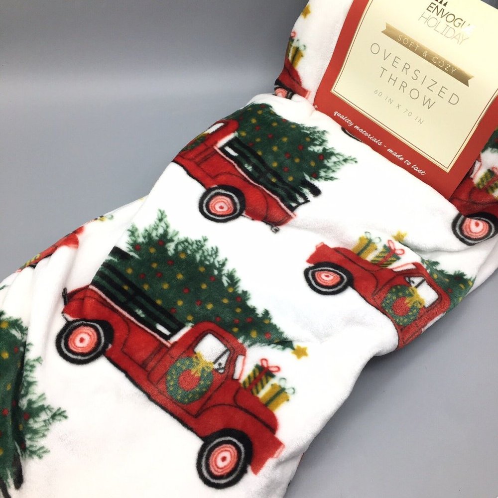 Envogue Red Truck Christmas Tree Throw Blanket Microfleece Oversized Holidays